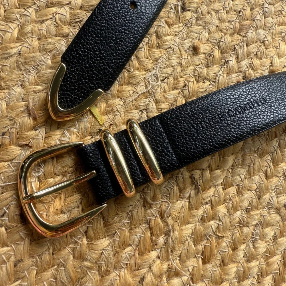 Vince Camuto Black Pebbled Belt Gold Hardware Metal Tip Size Large Western